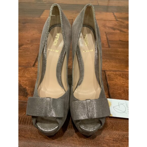 FENDI Silver Metallic Platform Stiletto Heel Peep Toe Heel W/ Bow Sz 37 | 7 - Picture 2 of 9
